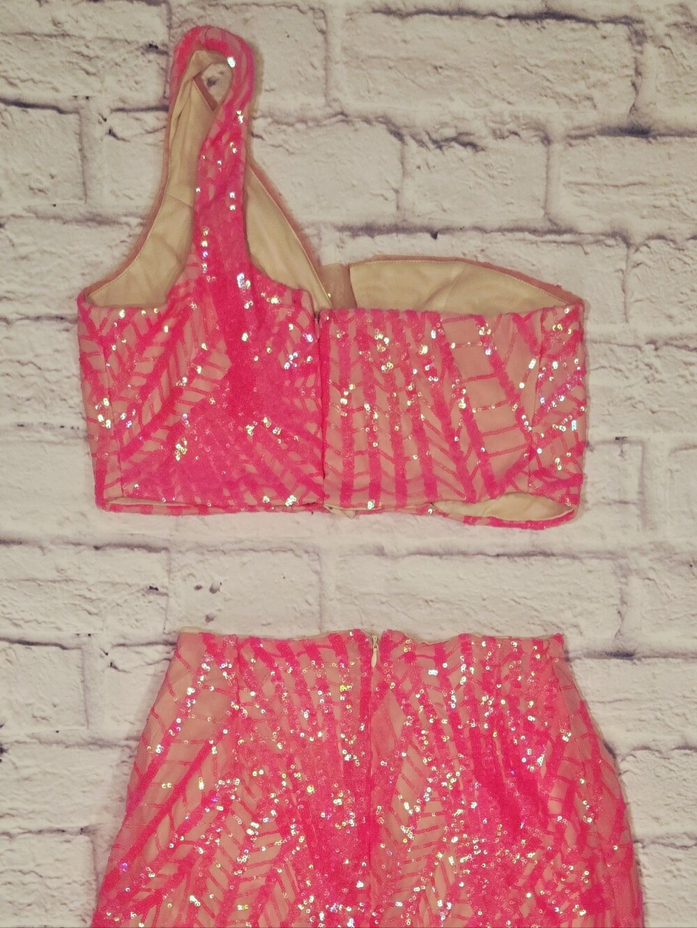 Neon Pink Sequin Two Piece Formal Set One Shoulder Crop Top Maxi Skirt - Picture 13 of 14